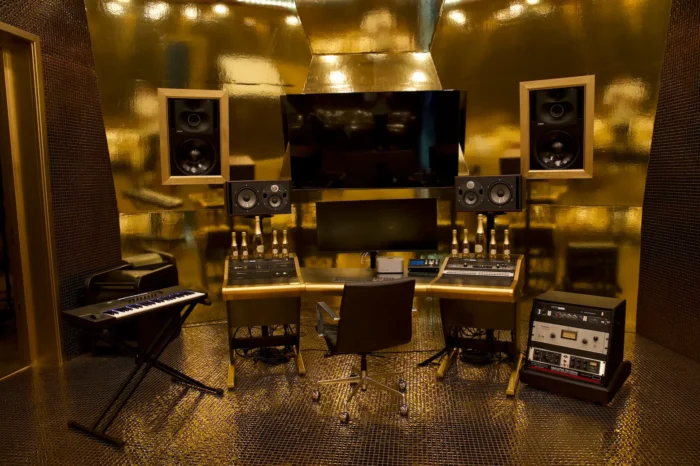 Gold-accented mixing suite at Sovereign Sound Studios featuring Macrotek-integrated AV and studio technology