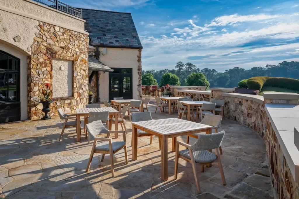 Outdoor dining patio at a private golf club in the Southeast, ideal for discreet surveillance and integrated security technology