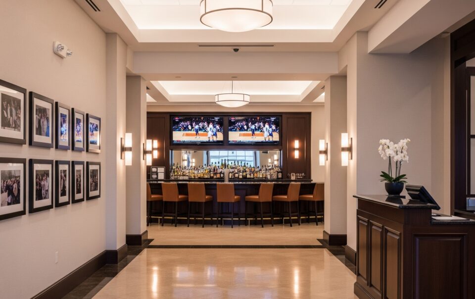 Elegant country club bar lounge with mounted digital displays and upscale interior design