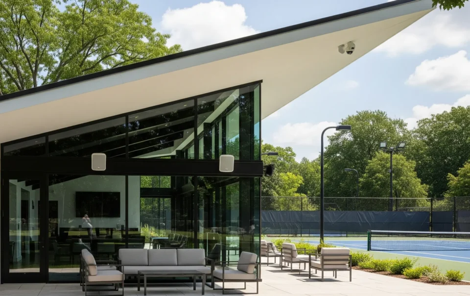 Modern tennis pavilion at a private club with integrated surveillance camera and outdoor seating.