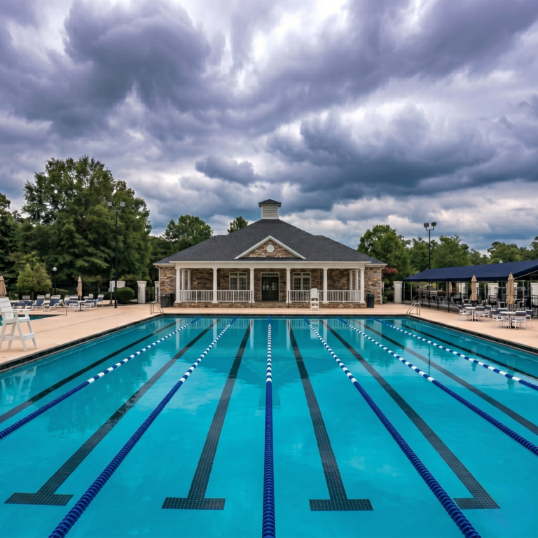 Symmetrical low-angle photograph of a multi-lane competitive swimming pool with blue and white lane ropes, leading the eye to a stone facade clubhouse under a dramatic, stormy cloud-filled sky. A lifeguard stand is visible on the left.